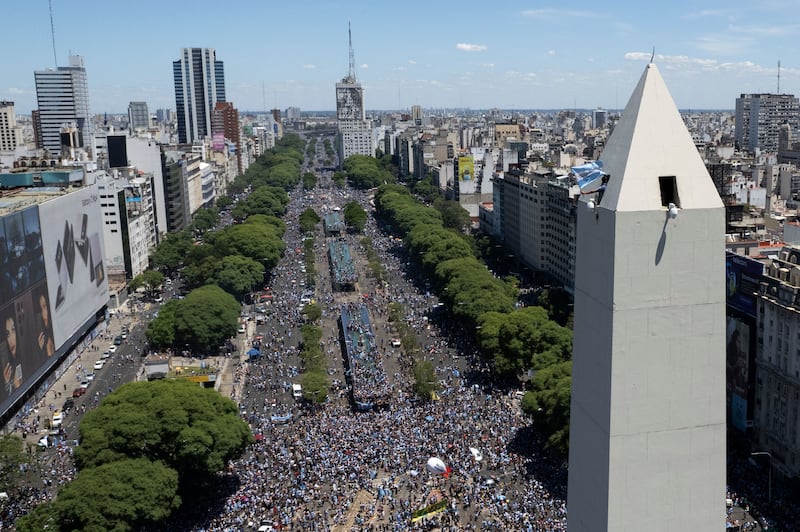 Aerial view of fans of Argentina waiting for the bus with Argentina's players to arrive at the Obelisk. AFP