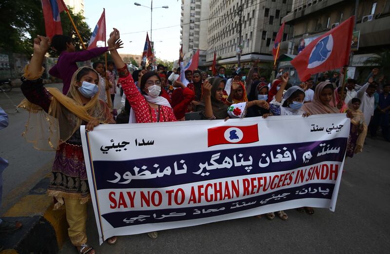 Members of Jiye Sindh Mahaz party protest against plans to accept Afghan refugees in Karachi, Pakistan. Pakistan has shut its doors to Afghan refugees following the Taliban's takeover of the country. About 1. 4 million Afghan refugees are living in Pakistan legally, while around another million are undocumented. EPA