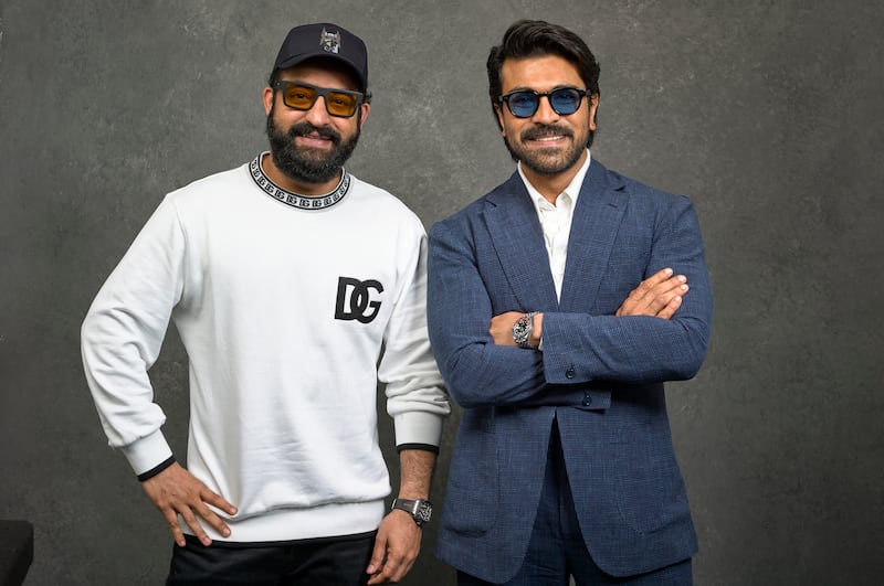 Indian actors Rao Jr, left, and Charan play the leads in RRR. AP