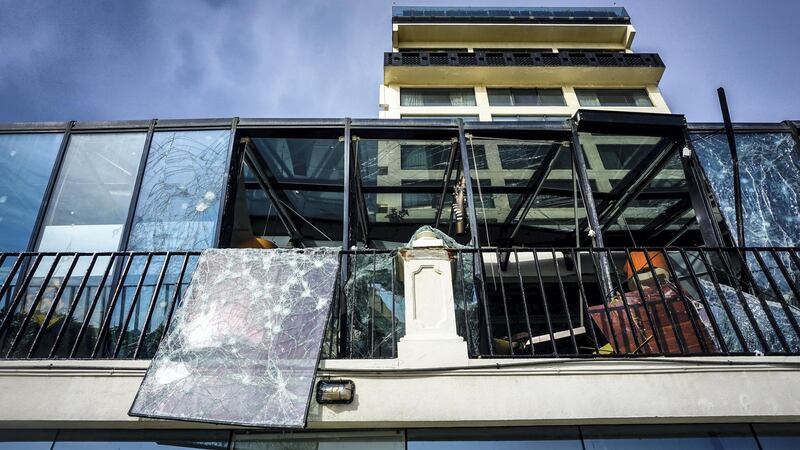 The shattered windows of the Kingsbury Hotel after Sunday's suicide bomb blast in Colombo, Sri Lanka, April 22, 2019. Jack Moore / The National. 