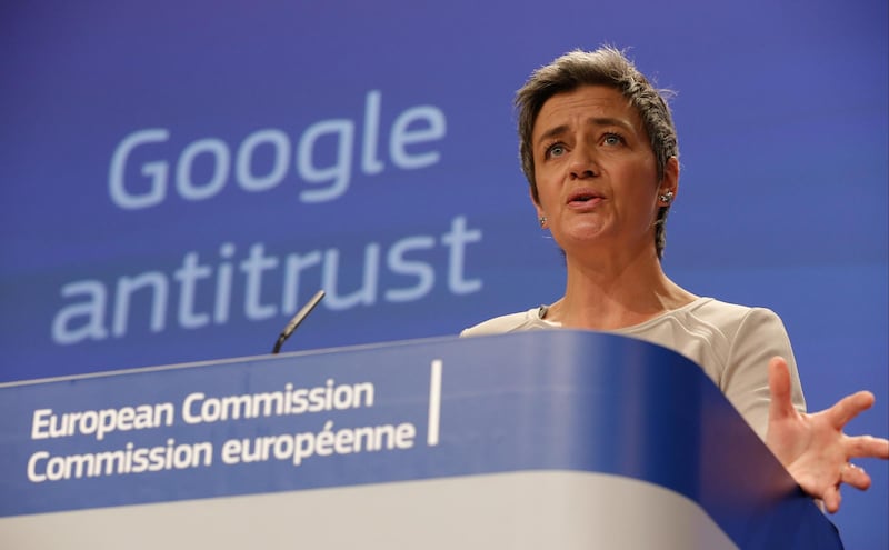 epa06896253 (FILE) - Denmark's EU Commissioner for Competition Margrethe Vestager gives a news conference after a college meeting at the European Commission Headquarters in Brussels,15 April 2015 (reissued 18 July 2018). According to reports, the EU on 18 July 2018 fines Google with a fine of five billion US dollars over 'illegal restrictions on the use of Android.'  EPA/JULIEN WARNAND *** Local Caption *** 51888631