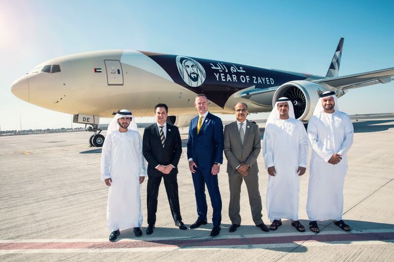 An Etihad plane with livery featuring the Year of Zayed initiative in 2018. Photo: Etihad
