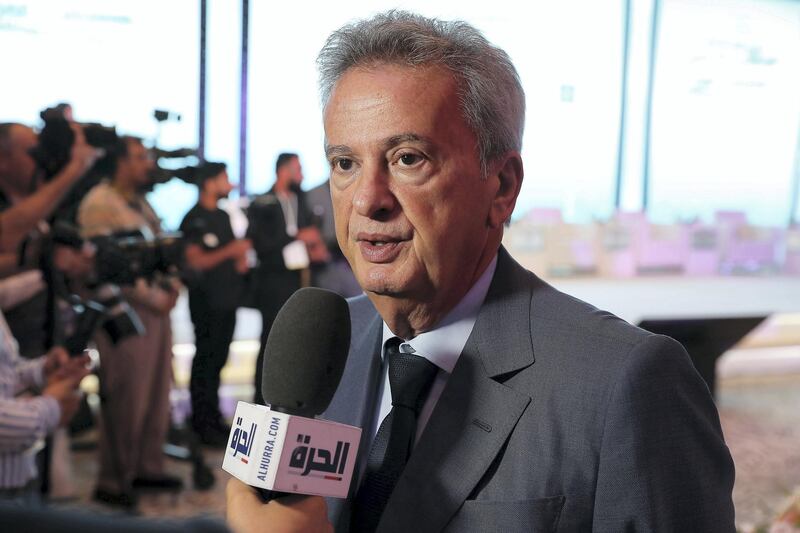 ABU DHABI,  UNITED ARAB EMIRATES , OCTOBER 7  – 2019 :- Riad Salamé, Governor of Central Bank of Lebanon talking to media during the UAE-Lebanon Investment Conference held at the The St Regis Saadiyat Resort in Abu Dhabi. ( Pawan Singh / The National ) For News. Story by Khaled Yacoub