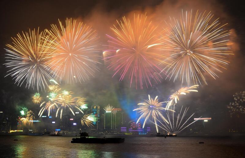 Fireworks explore over Victoria Harbour  in Hong Kong, China.  VCG/VCG via Getty Images