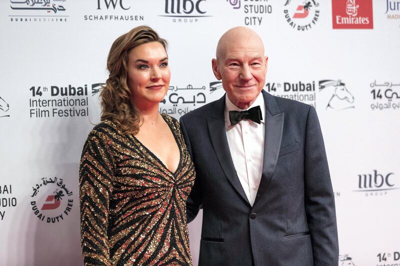 Dubai, United Arab Emirates, December 6, 2017:    Sunny Ozell and Sir Patrick Stewart walk the red carpet during the opening night of Dubai International Film Festival at Madinat Jumeirah in Dubai December 6, 2017. Christopher Pike / The National

Reporter: Chris Newbould
Section: Arts & Culture
