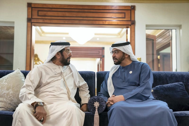 AL AIN, ABU DHABI, UNITED ARAB EMIRATES - January 10, 2019: HH Sheikh Hamdan bin Zayed Al Nahyan, Ruler’s Representative in Al Dhafra Region (L), visits HH Sheikh Tahnoon bin Mohamed Al Nahyan, Ruler's Representative in Al Ain Region (L). 

( Mohamed Al Hammadi / Ministry of Presidential Affairs )
---