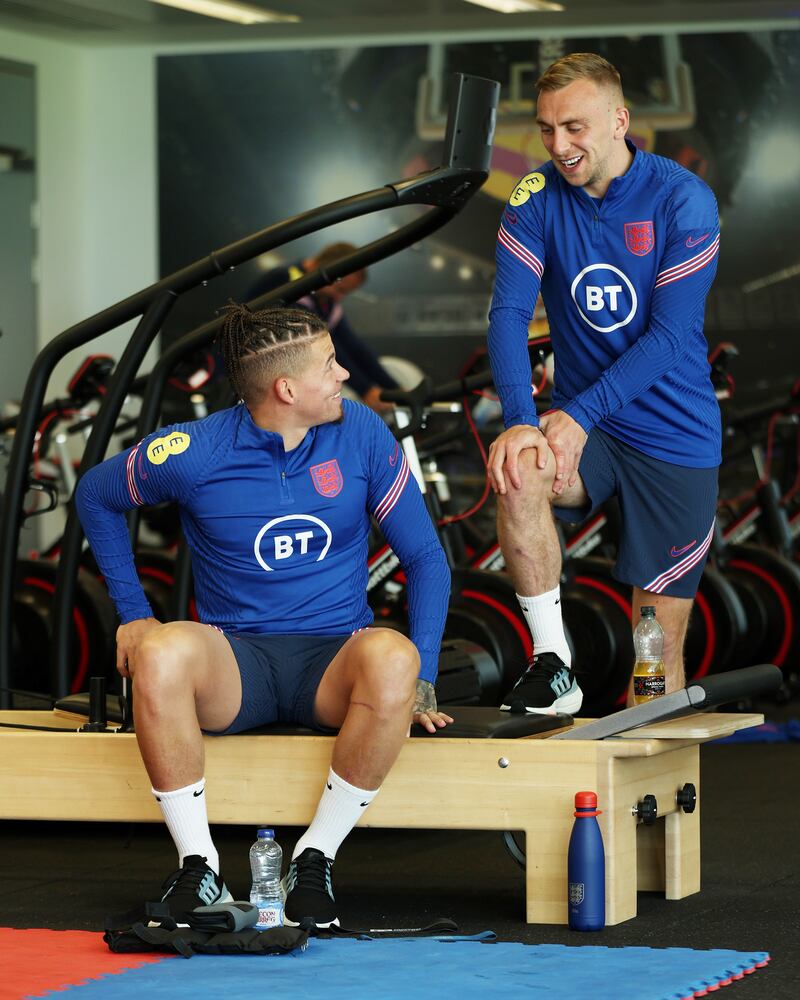 England's Kalvin Phillips and Jarrod Bowen during a gym session.
