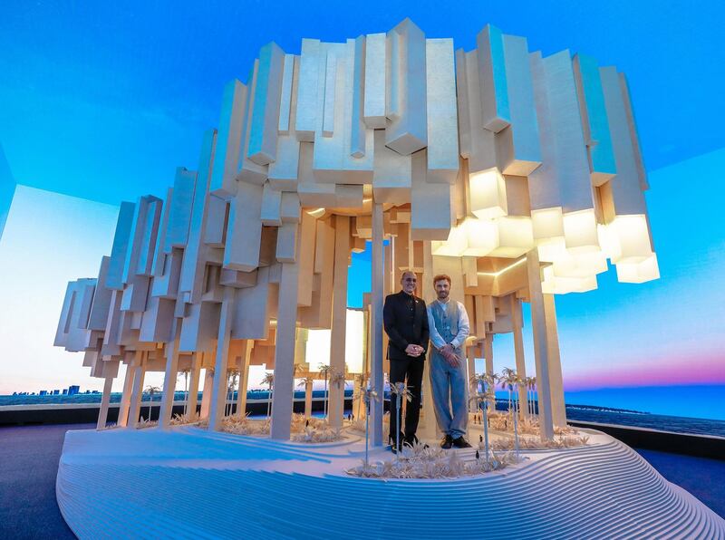 Abu Dhabi, UAE,  April 17, 2018.  
CITYSCAPE Abu Dhabi 2018.  (R-L) Architect Thomas Heatherwick and Walid El Hindi, CEO of Imkan. 
Victor Besa / The National
National
Reporter:  Sarah Townsend