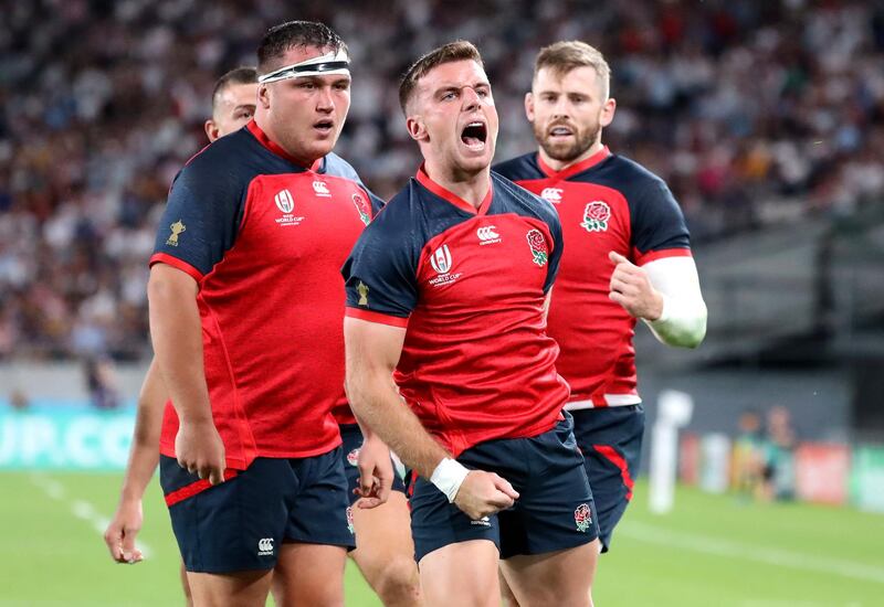 England's George Ford celebrates after scoring a try during the Rugby World Cup Pool C game at Tokyo Stadium between England and Argentina in Tokyo, Japan, Saturday, Oct. 5, 2019. (AP Photo/Eugene Hoshiko)