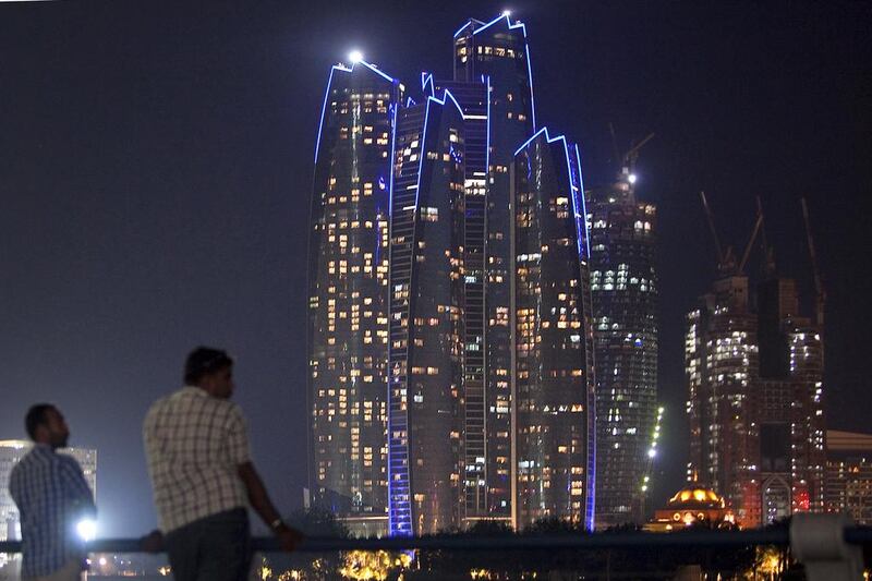 The Etihad Towers on Abu Dhabi’s Corniche lit up the International Property Awards. Silvia Razgova / The National