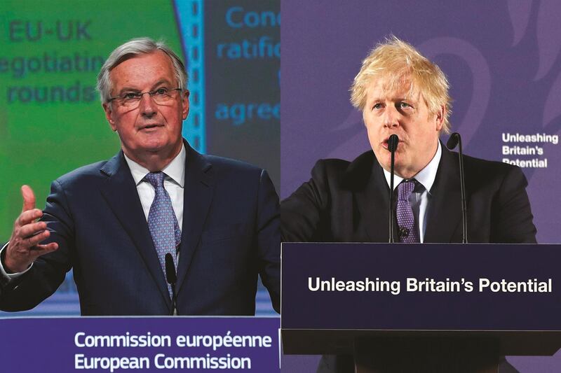 British Prime Minister Boris Johnson, right, clashed with the EU's top Brexit negotiator, Michel Barnier, left, on Monday. AFP