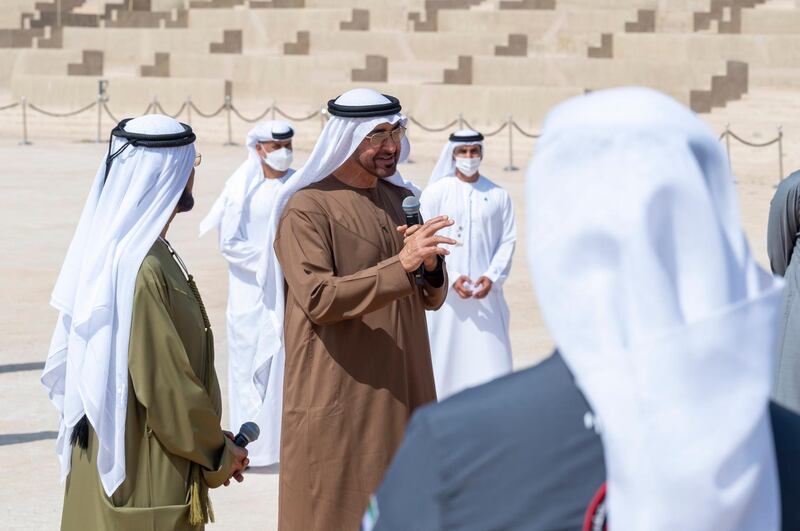 Sheikh Mohammed bin Rashid and Sheikh Mohamed bin Zayed honour the UAE Mars Mission team responsible for sending the Hope probe to the Red Planet, during a government retreat on Tuesday. Courtesy: Sheikh Mohamed bin Zayed Twitter