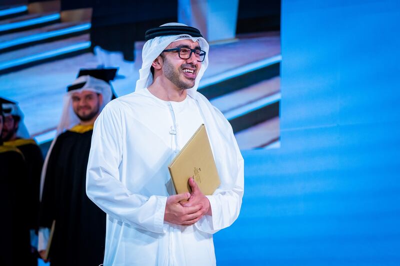 Sheikh Abdullah bin Zayed, Minister of Foreign Affairs and International Co-operation, attends the Anwar Gargash Diplomatic Academy graduation ceremony on Thursday. All photos: Anwar Gargash Diplomatic Academy