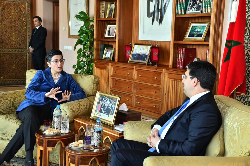 Moroccan Foreign Minister Nasser Bourita (right) and Spain's Minister of Foreign Affairs, European Union and Cooperation, Arancha Gonzalez (left) during their meeting at the Foreign Ministry building in Rabat, Morocco.  EPA