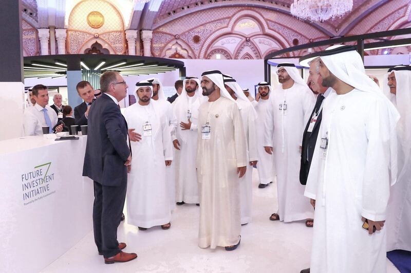 Vice President and Prime Minister of the UAE and Ruler of Dubai Sheikh Mohammed bin Rashid Al Maktoum attended the second day of Saudi Arabia���s Future Investment Initiative (FII) 2018 organised in Riyadh by the Public Investment Fund (PIF). Dubai Media Office / Wam