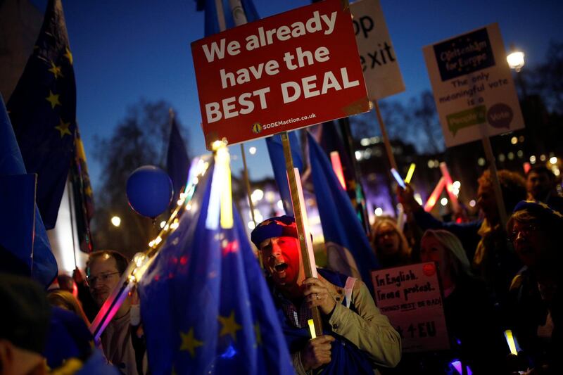 Anti-Brexit protesters shout slogans outside of the Houses of Parliament in London, Britain, February 27, 2019. REUTERS/Henry Nicholls