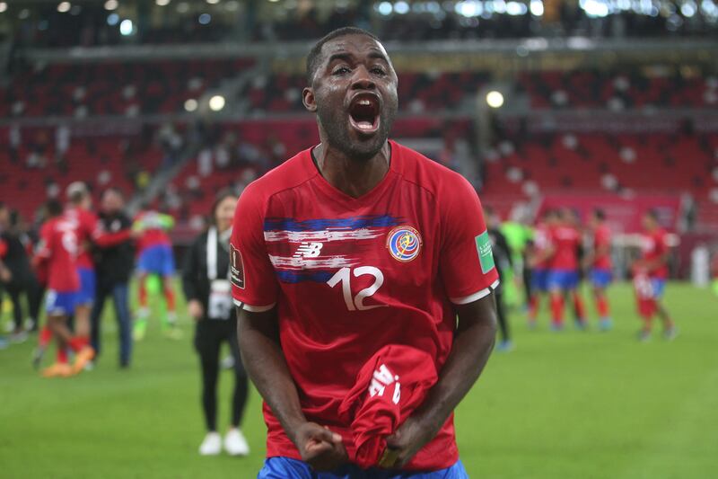 Costa Rica forward Joel Campbell celebrates after the World Cup 2022 inter-confederation play-off win over New Zealand on June 14, 2022. Campbell scored the only goal of the game. AFP
