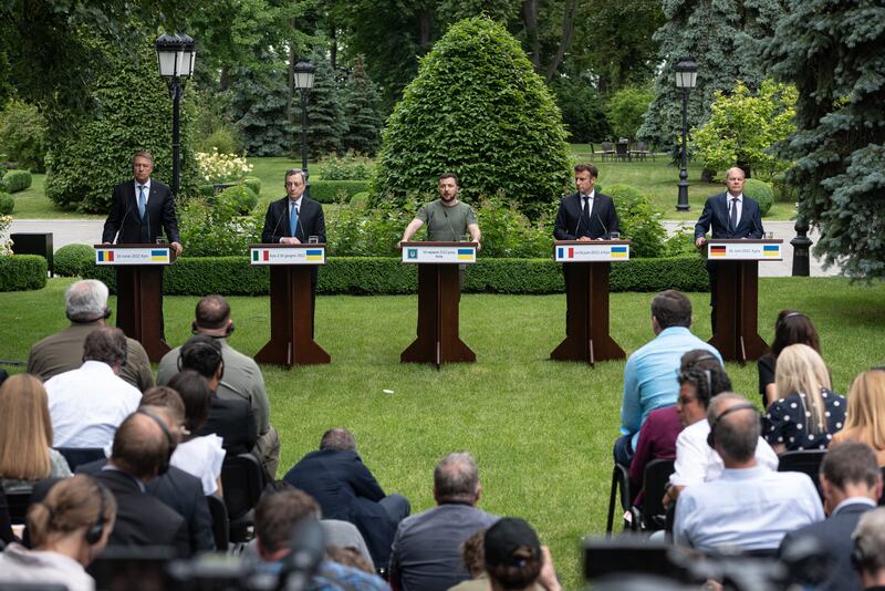 Romanian President Klaus Iohannis, Italian Prime Minister Mario Draghi, Mr Zelenskyy, France President Emmanuel Macron and German Chancellor Olaf Scholz hold a press conference in Kyiv in June 2022. Getty Images