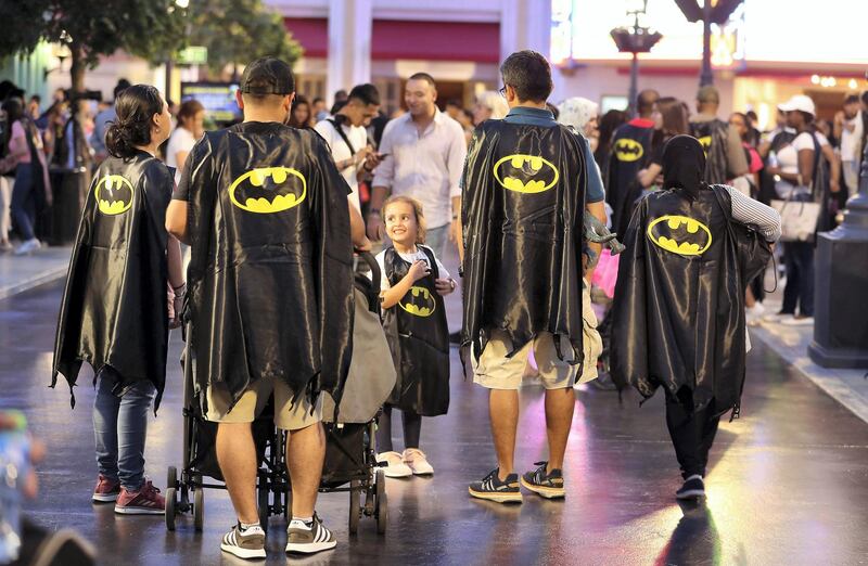 ABU DHABI ,  UNITED ARAB EMIRATES , SEPTEMBER 21 – 2019 :- People wearing capes and taking part in the Guinness World Record for the Batman’s 80th anniversary held at Warner Bros  in Abu Dhabi. ( Pawan Singh / The National ) For News/Online/Instagram