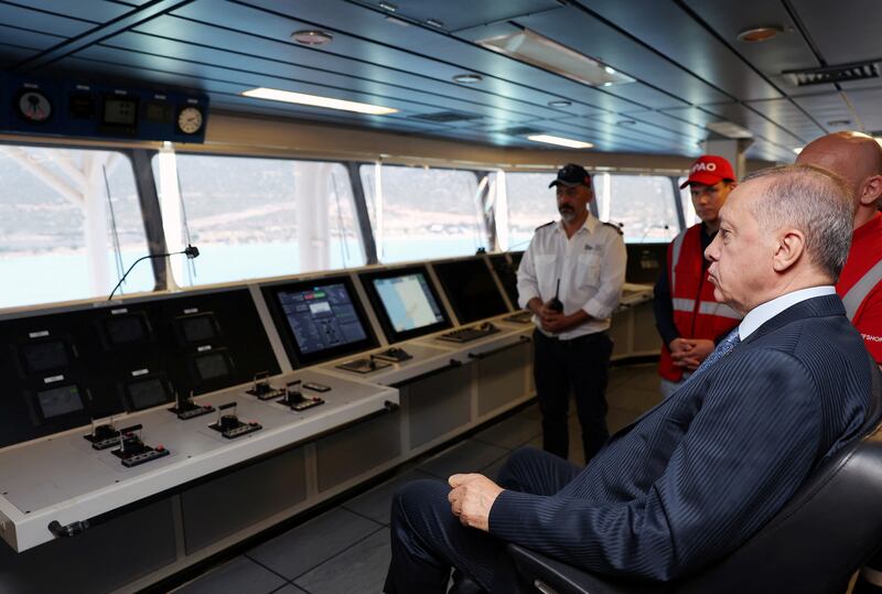Turkish President Recep Tayyip Erdogan on board Turkey's new drill ship Abdulhamid Han. Reuters