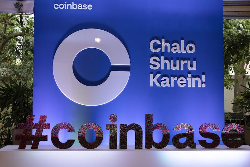 Branding signage at a Coinbase Global event in Bengaluru, India. Coinbase, the US cryptocurrency exchange operator, plans to more than triple its number of employees in India this year to around 1,000. Bloomberg