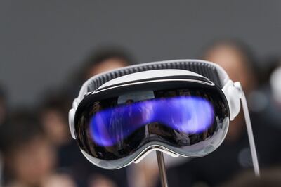 An Apple Vision Pro mixed reality headset displayed during the Worldwide Developers Conference at Apple Park campus in Cupertino. Bloomberg