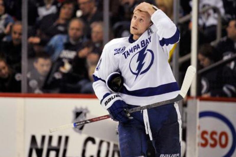 Tampa Bay Lightning's Steven Stamkos considers the scoreboard during their last game against WInnipeg.