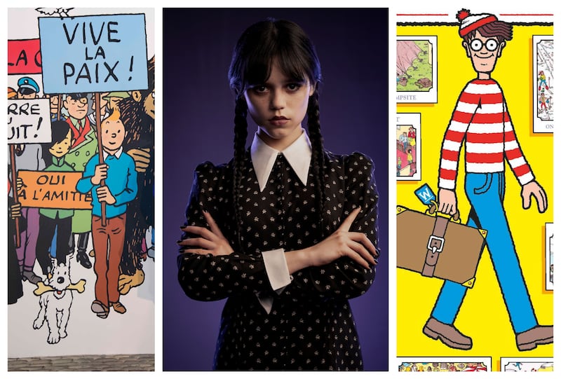 From left, Tintin, Wednesday Addams and Wally are simple costume ideas for World Book Day that can be created at home. Photos: Matthias Clamer; Netflix; Ian Langsdon, Candlewick