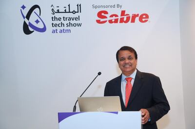 Ben Vinod hosts a session at the travel tech show at the Arabian Travel Market in April 2019. Courtesy Sabre