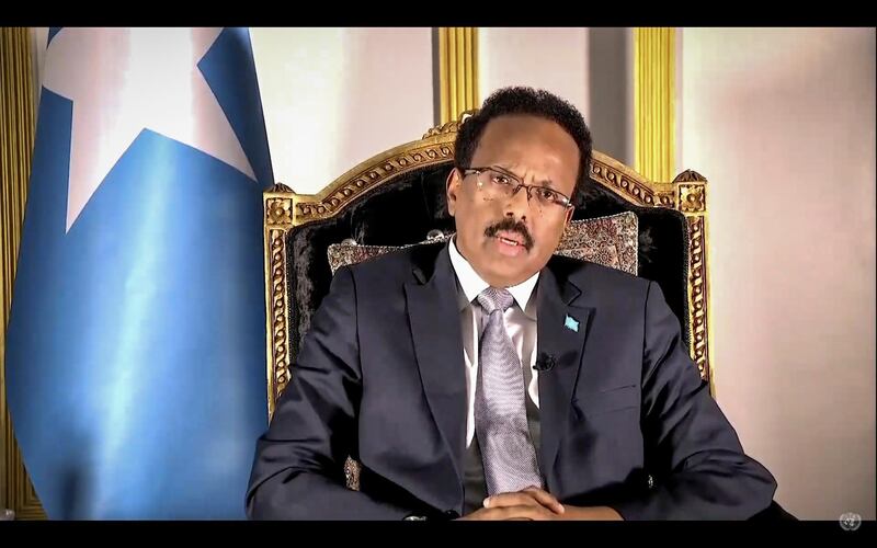In this UNTV image, Mohamed Abdullahi Mohamed Farmajo, President of Somalia, speaks in a pre-recorded video message during the 75th session of the United Nations General Assembly, Thursday, Sept. 24, 2020, at UN headquarters. The U.N.'s first virtual meeting of world leaders started Tuesday with pre-recorded speeches from heads-of-state, kept at home by the coronavirus pandemic. (UNTV via AP)