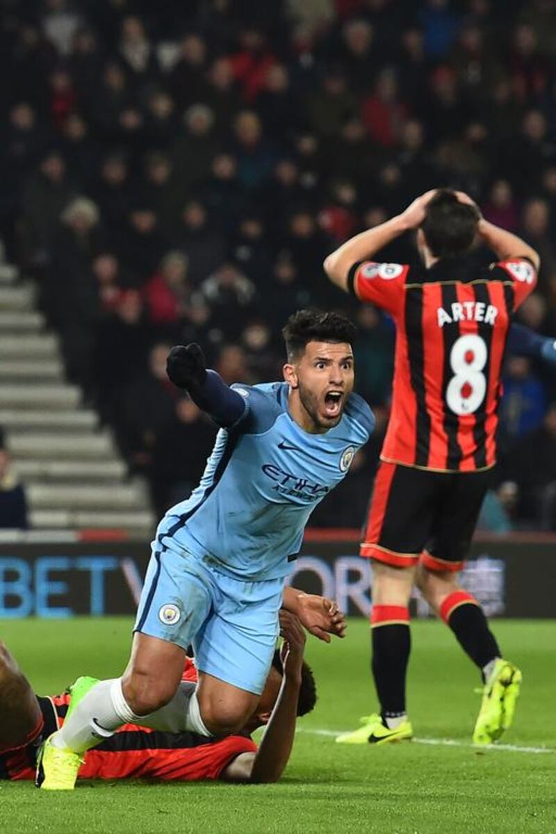Manchester City's Argentine striker Sergio Aguero celebrates after scoring a goal against Bournemouth. Glyn Kirk / AFP
