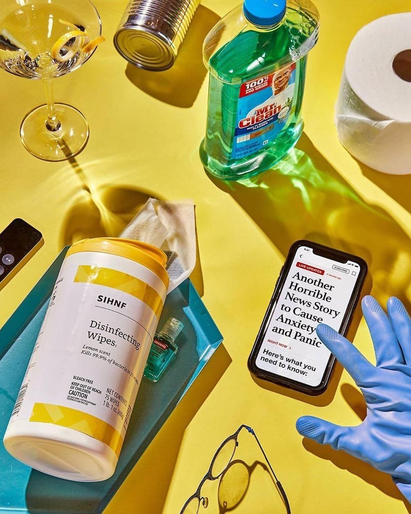 A coronavirus spread: wipes, disinfectant, toilet paper, gloves and a worrying news story. Created by Jessica Walsh. Via @jessicavwalsh / Instagram