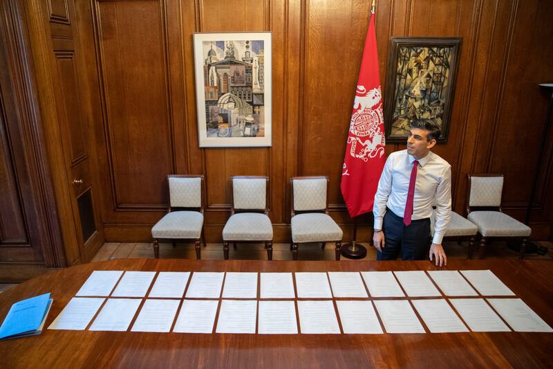 British Chancellor Rishi Sunak runs through his spring statement speech in his offices in No 11 Downing Street in London. Photo: Simon Walker / HM Treasury