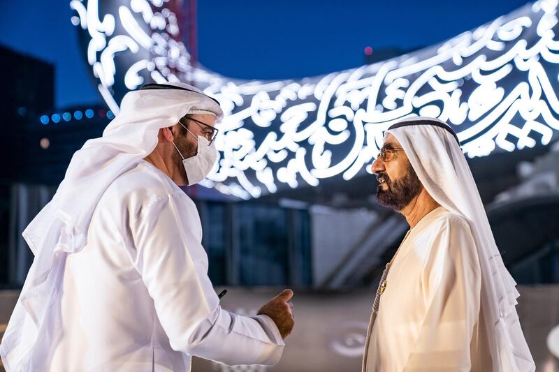 Sheikh Mohammed Bin Rashid, Vice-President and Prime Minister of the UAE and Ruler of Dubai, witnesses the installation of the final piece of façade of Museum of the Future. Seen with Mohammad bin Abdullah Al Gergawi, Cabinet Member, Minister of Cabinet Affairs, and Vice Chairman of the Board of Trustees of Dubai Future Foundation. Courtesy Museum of the Future