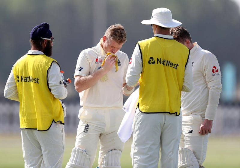 Abu Dhabi, United Arab Emirates - November 18, 2018: England's Sam Billings its a banana in the game between Pakistan A and the England Lions. Sunday the 18th of November 2018 at the Nursery Oval, Zayed cricket stadium, Abu Dhabi. Chris Whiteoak / The National