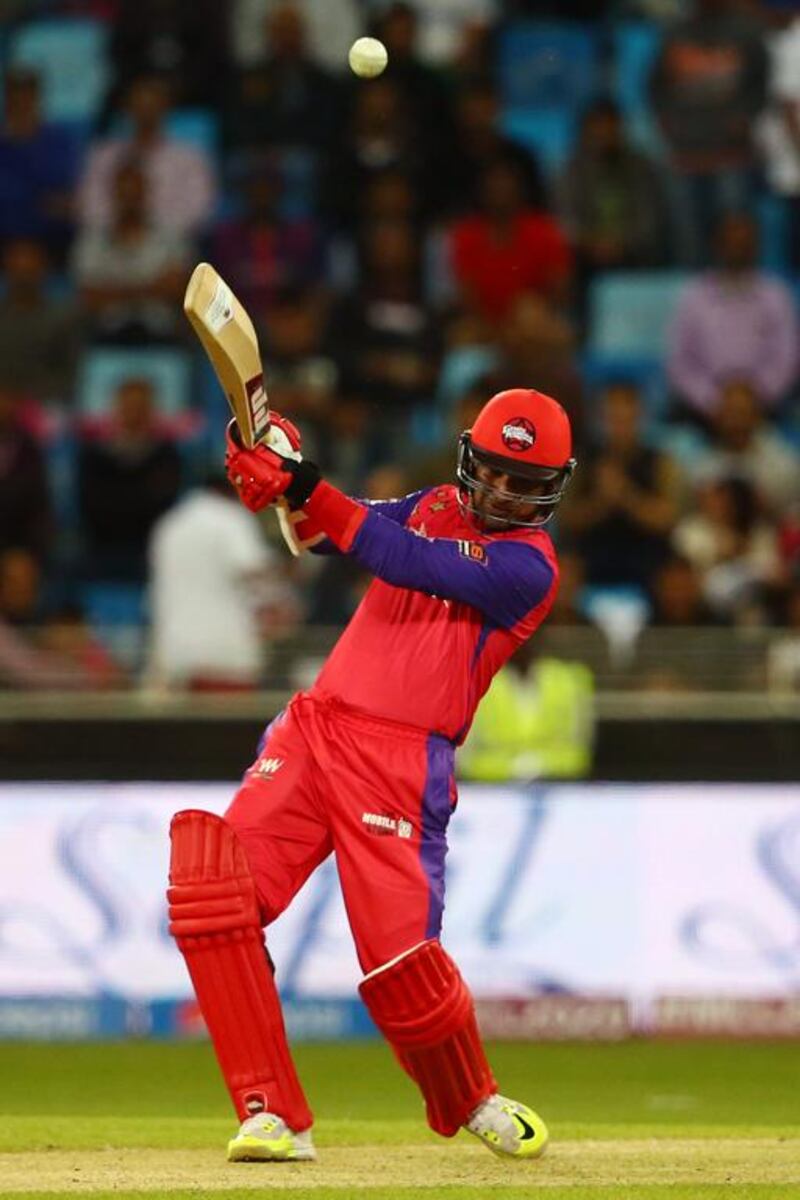 Kumar Sangakkara of Gemini Arabians hits a six during the opening match of the Oxigen Masters Champions League 2016 between Libra Legends and Gemini Arabians on January 28, 2016 in Dubai, United Arab Emirates. Francois Nel/Getty Images