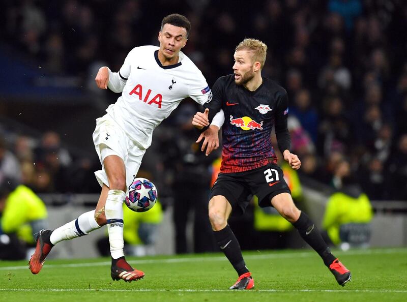 Leipzig's Konrad Laimer in action with Tottenham's Dele Alli, who had a frustrating night. Reuters