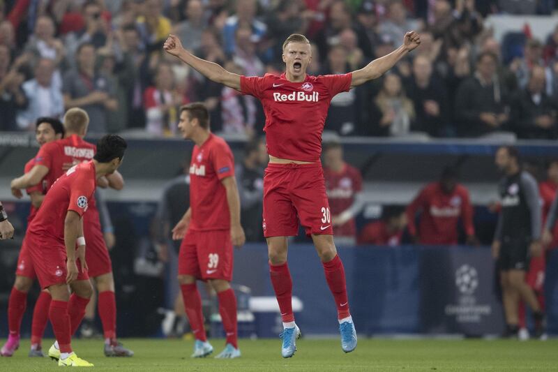 Erling Haaland of FC Salzburg celebrates after making it 1-0 against Genk. Getty Images