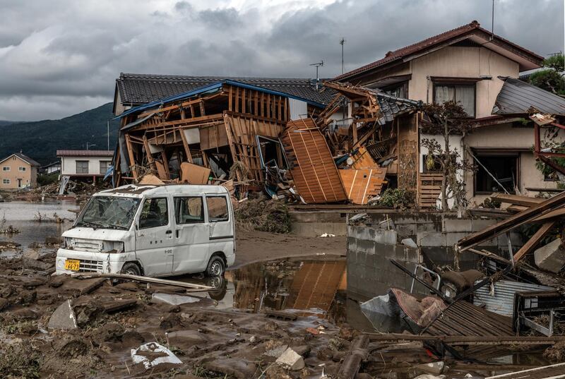 A house is in ruins after being hit by Typhoon Hagibis in Hoyasu near Nagano, Japan. Japan has mobilised over 100,000 rescue workers after Typhoon Hagibis, the most powerful storm in decades, swept across the country killing 66 people and leaving thousands injured and homeless. Getty Images