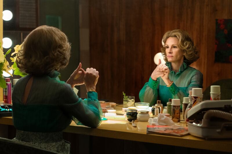 This image released by Starz shows Julia Roberts as Martha Mitchell in a scene from "Gaslit," premiering April 24.  (Hilary Bronwyn Gayle / Starz via AP)