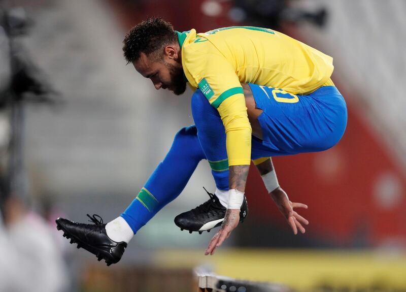 Brazil's Neymar celebrates scoring their third goal against Peru in the World Cup qualifier in Lima. Reuters