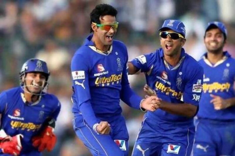 Rajasthan Royals' Ajit Chandila, second left, celebrates his hat trick against Pune Warriors during their Indian Premier League (IPL) cricket match in Jaipur, India, Sunday, May 13, 2012. (AP Photo) INDIA OUT *** Local Caption *** India IPL Cricket.JPEG-0ed52.jpg