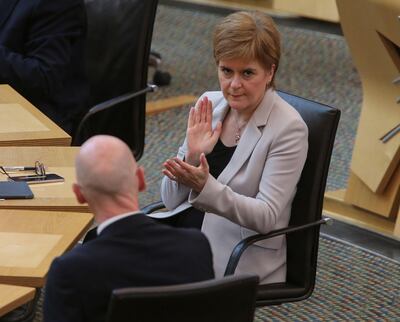 EDINBURGH, SCOTLAND - AUGUST 13: Nicola Sturgeon MSP First Minister during a Motion of No Confidence debate at Holyrood on August 13, 2020 in Edinburgh, Scotland. (Photo by Fraser Bremner - WPA Pool/Getty Images)