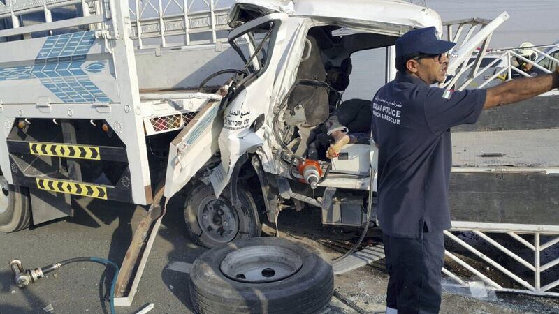 Four were killed and three seriously injured when a pickup truck and a lorry collided on Emirates Road on Thursday afternoon. Courtesy Dubai Traffic Police