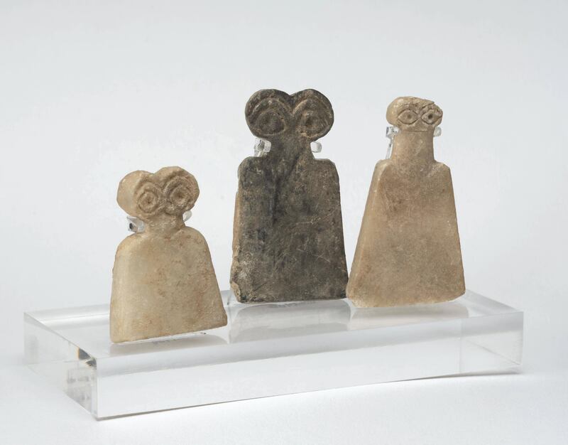 Part of the Fitzwilliam collection, these three eye idols, made of alabaster and dating to around 3200BC, were displayed alongside Kourbaj's 'Don't Wash Your Hands' installation. Courtesy The Fitzwilliam Museum  