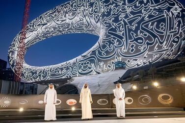 Sheikh Mohammed bin Rashid, Vice President and Ruler of Dubai, Dubai Crown Prince Sheikh Hamdan bin Mohammed, who is chairman of the Board of Trustees of Dubai Future Foundation, and Sheikh Maktoum bin Mohammed, Deputy Ruler of Dubai, witnesses the placement of the last panel of the Museum of the Future’s facade. Dubai Media Office