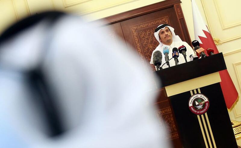 Qatar’s foreign minister Mohammed bin Abdulrahman Al Thani holds a press conference in Doha on May 25, 2017 after the Gulf state accused hackers of attributing false remarks to the emir on state media. Karim Jaafar / AFP