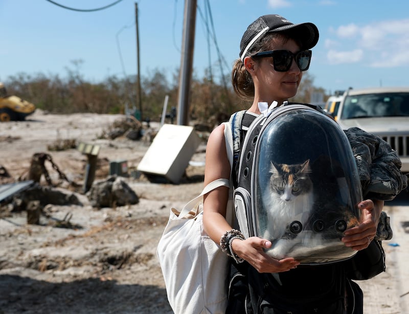 Kate Frank and her cat make their way to a boat to be moved from the island on Tuesday. Getty / AFP
