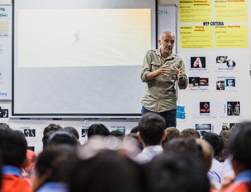 Italian adventurer Max Calderan held Year 6 students at Emirates International School in thrall with stories of his world records, and his recent trek from the Saudi Arabian border, through the UAE, finishing at the Omani border. Alex Atack for The National