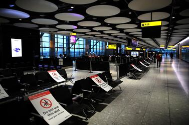 Empty passenger waiting seats at Heathrow Terminal 5 Airport in London. Mandatory quarantine policy on arrival at some destinations has dented recovery prospects of the travel and tourism industry. Getty Images